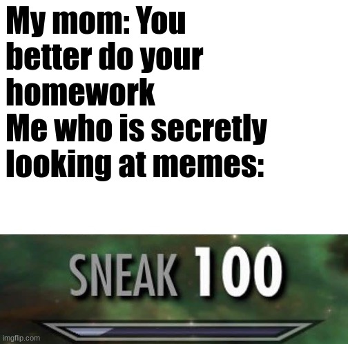 I am stealthy >=) | My mom: You better do your homework
Me who is secretly looking at memes: | image tagged in sneak 100 | made w/ Imgflip meme maker