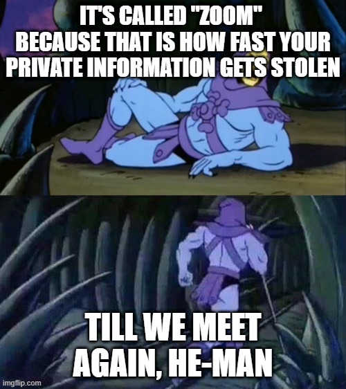 TRUE | IT'S CALLED "ZOOM"  BECAUSE THAT IS HOW FAST YOUR PRIVATE INFORMATION GETS STOLEN; TILL WE MEET AGAIN, HE-MAN | image tagged in skeletor disturbing facts,he man | made w/ Imgflip meme maker