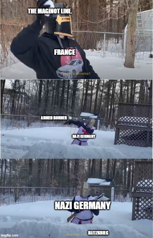 Snowball and Shotgun | THE MAGINOT LINE. FRANCE; ARMED BORDER; NAZI GERMANY; NAZI GERMANY; BLITZKRIEG | image tagged in snowball and shotgun | made w/ Imgflip meme maker