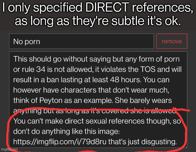 Yes, I used your image as an example. I'd rather keep this stream sfw | I only specified DIRECT references, as long as they're subtle it's ok. | made w/ Imgflip meme maker