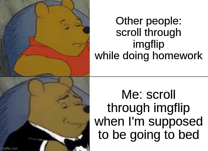 Tuxedo Winnie The Pooh Meme | Other people: scroll through imgflip while doing homework; Me: scroll through imgflip when I'm supposed to be going to bed | image tagged in memes,tuxedo winnie the pooh | made w/ Imgflip meme maker