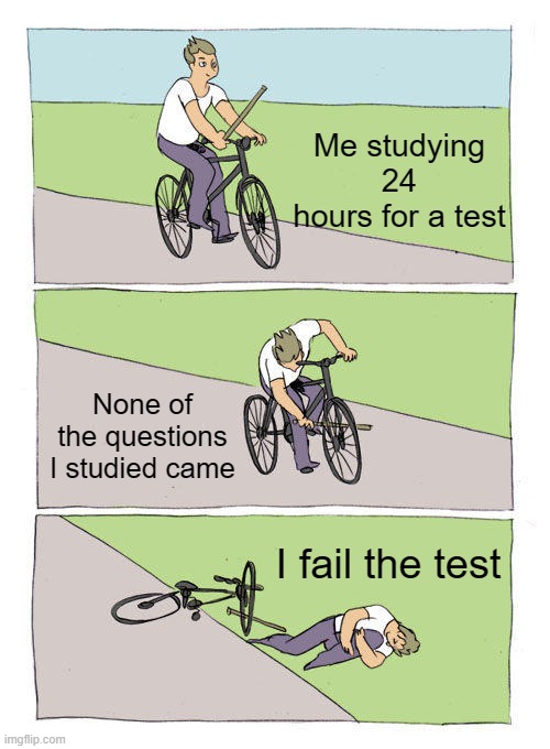 Sometimes | Me studying 24 hours for a test; None of the questions I studied came; I fail the test | image tagged in memes,bike fall | made w/ Imgflip meme maker