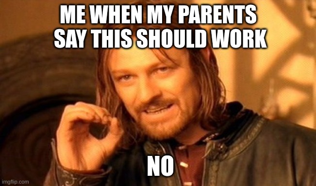 no | ME WHEN MY PARENTS
 SAY THIS SHOULD WORK; NO | image tagged in memes,one does not simply | made w/ Imgflip meme maker