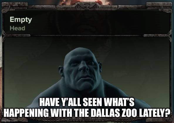 Empty head | HAVE Y’ALL SEEN WHAT’S HAPPENING WITH THE DALLAS ZOO LATELY? | image tagged in empty head | made w/ Imgflip meme maker