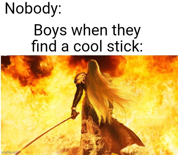 Nobody:; Boys when they find a cool stick: | made w/ Imgflip meme maker