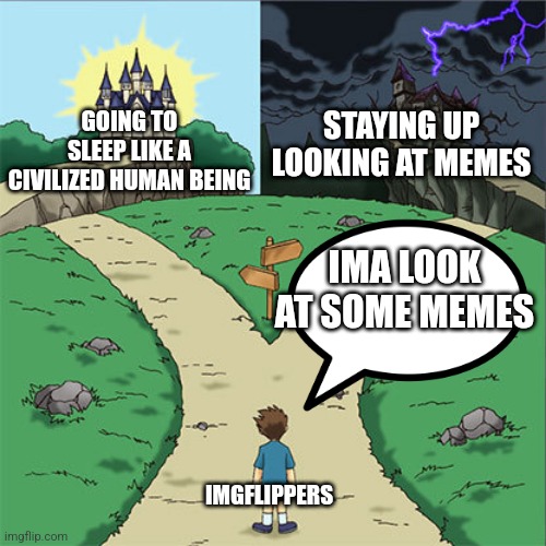 Two Paths | GOING TO SLEEP LIKE A CIVILIZED HUMAN BEING; STAYING UP LOOKING AT MEMES; IMA LOOK AT SOME MEMES; IMGFLIPPERS | image tagged in two paths | made w/ Imgflip meme maker