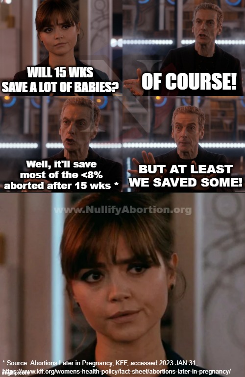 Will 15 weeks save a lot of babies? Well... |  WILL 15 WKS SAVE A LOT OF BABIES? OF COURSE! Well, it'll save most of the <8% aborted after 15 wks *; BUT AT LEAST WE SAVED SOME! www.NullifyAbortion.org; * Source: Abortions Later in Pregnancy, KFF, accessed 2023 JAN 31, https://www.kff.org/womens-health-policy/fact-sheet/abortions-later-in-pregnancy/ | image tagged in depends on the context,is four a lot,prolife,abolition,pro-life | made w/ Imgflip meme maker