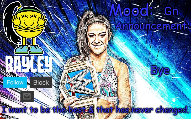 Bayley (Face) announcement temp v2 | Gn; Bye | image tagged in bayley face announcement temp v2 | made w/ Imgflip meme maker