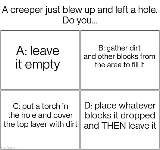I usually go with C | A creeper just blew up and left a hole.
Do you... A: leave it empty; B: gather dirt and other blocks from the area to fill it; D: place whatever blocks it dropped and THEN leave it; C: put a torch in the hole and cover the top layer with dirt | image tagged in memes,blank comic panel 2x2 | made w/ Imgflip meme maker