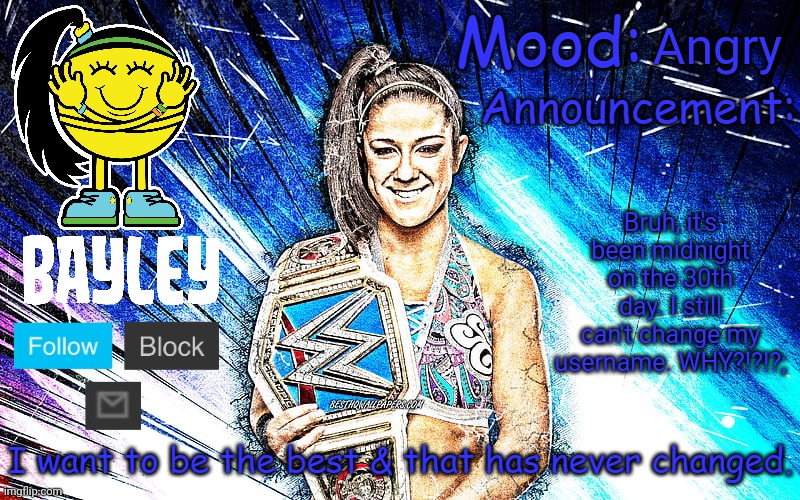 Bayley (Face) announcement temp v2 | Angry; Bruh, it's been midnight on the 30th day. I still can't change my username. WHY?!?!?; | image tagged in bayley face announcement temp v2 | made w/ Imgflip meme maker