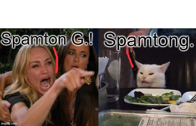 Woman Yelling At Cat Meme | Spamton G.! Spamtong. | image tagged in memes,woman yelling at cat | made w/ Imgflip meme maker
