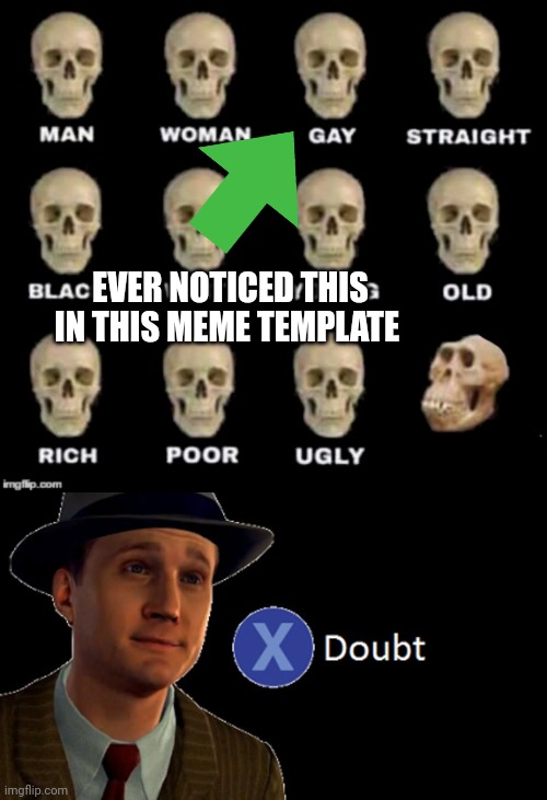 WARNING: extreme offence reaching | EVER NOTICED THIS IN THIS MEME TEMPLATE | image tagged in idiot skull,l a noire press x to doubt | made w/ Imgflip meme maker