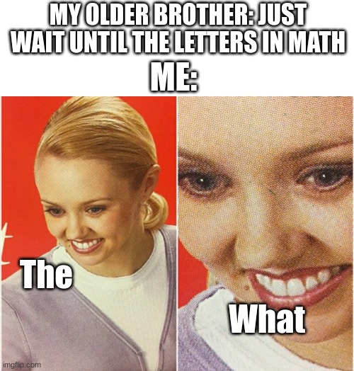 WAIT WHAT? | MY OLDER BROTHER: JUST WAIT UNTIL THE LETTERS IN MATH; ME:; The; What | image tagged in wait what | made w/ Imgflip meme maker