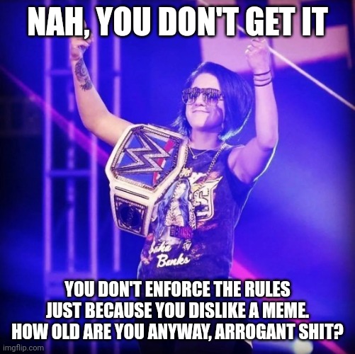Bayley | NAH, YOU DON'T GET IT YOU DON'T ENFORCE THE RULES JUST BECAUSE YOU DISLIKE A MEME. HOW OLD ARE YOU ANYWAY, ARROGANT SHIT? | image tagged in bayley | made w/ Imgflip meme maker