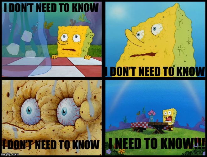 Spongebob - "I Don't Need It" (by Henry-C) | I DON’T NEED TO KNOW I DON’T NEED TO KNOW I DON’T NEED TO KNOW I NEED TO KNOW!!! | image tagged in spongebob - i don't need it by henry-c | made w/ Imgflip meme maker