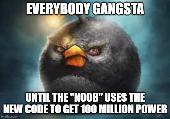 a | EVERYBODY GANGSTA; UNTIL THE ''NOOB'' USES THE NEW CODE TO GET 100 MILLION POWER | image tagged in power,code,angry birds,noob | made w/ Imgflip meme maker