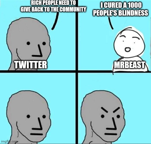 NPC Meme | RICH PEOPLE NEED TO GIVE BACK TO THE COMMUNITY; I CURED A 1000 PEOPLE'S BLINDNESS; TWITTER; MRBEAST | image tagged in npc meme | made w/ Imgflip meme maker