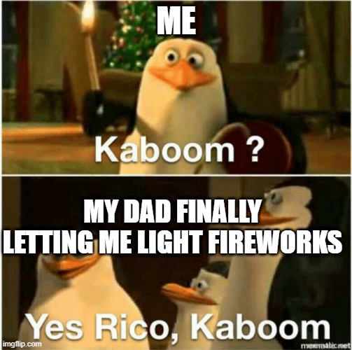 kaboom |  ME; MY DAD FINALLY LETTING ME LIGHT FIREWORKS | image tagged in kaboom yes rico kaboom | made w/ Imgflip meme maker