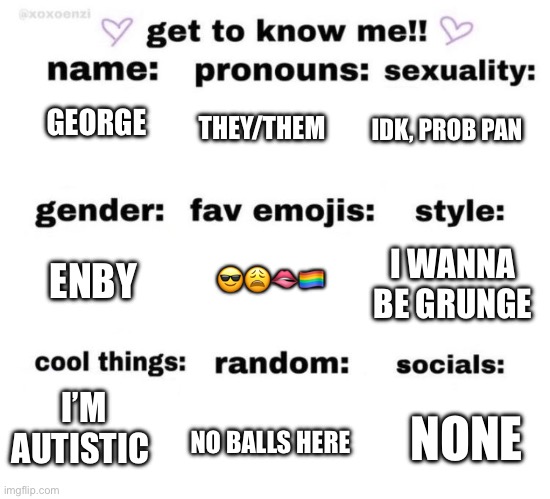 Y’all already know me | THEY/THEM; IDK, PROB PAN; GEORGE; 😎😩🫦🏳️‍🌈; I WANNA BE GRUNGE; ENBY; I’M AUTISTIC; NONE; NO BALLS HERE | image tagged in get to know me | made w/ Imgflip meme maker
