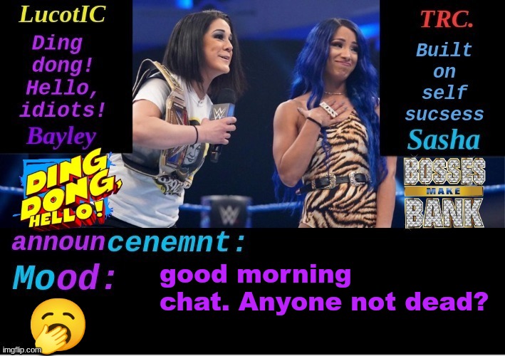 LucotIC and TRC: Boss 'n' Hug Connection DUO announcement temp | good morning chat. Anyone not dead? 🥱 | image tagged in lucotic and trc boss 'n' hug connection duo announcement temp | made w/ Imgflip meme maker