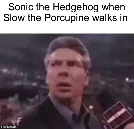 Title | Sonic the Hedgehog when Slow the Porcupine walks in | image tagged in x when x walks in | made w/ Imgflip meme maker