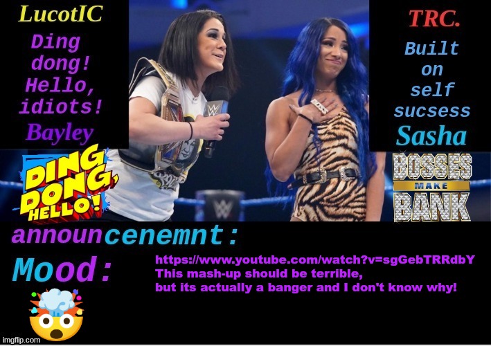 https://www.youtube.com/watch?v=sgGebTRRdbY | https://www.youtube.com/watch?v=sgGebTRRdbY
This mash-up should be terrible, but its actually a banger and I don't know why! 🤯 | image tagged in lucotic and trc boss 'n' hug connection duo announcement temp | made w/ Imgflip meme maker