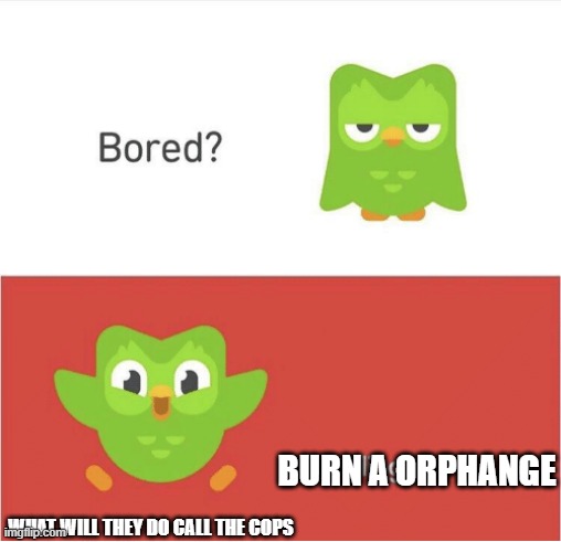 DUOLINGO BORED | BURN A ORPHANGE; WHAT WILL THEY DO CALL THE COPS | image tagged in duolingo bored | made w/ Imgflip meme maker