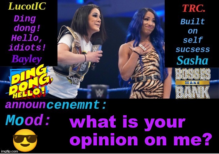 LucotIC and TRC: Boss 'n' Hug Connection DUO announcement temp | what is your opinion on me? 😎 | image tagged in lucotic and trc boss 'n' hug connection duo announcement temp | made w/ Imgflip meme maker