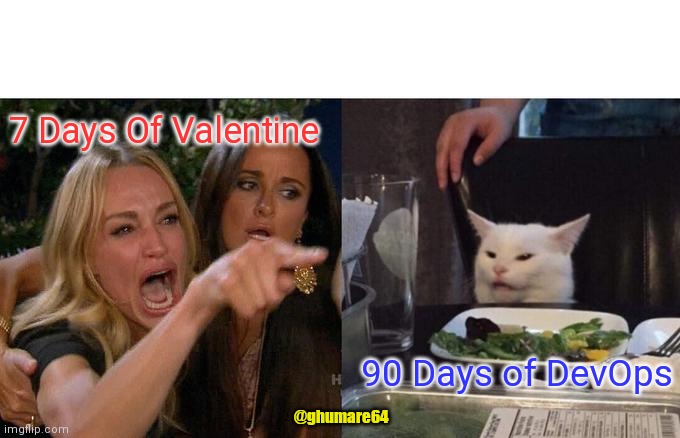 Devops | 7 Days Of Valentine; 90 Days of DevOps; @ghumare64 | image tagged in memes,woman yelling at cat | made w/ Imgflip meme maker