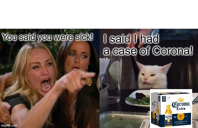Woman Yelling At Cat Meme | You said you were sick! I said I had a case of Corona! | image tagged in memes,woman yelling at cat,corona,beer,cat,lol | made w/ Imgflip meme maker
