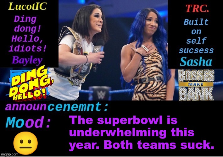 LucotIC and TRC: Boss 'n' Hug Connection DUO announcement temp | The superbowl is underwhelming this year. Both teams suck. 😐 | image tagged in lucotic and trc boss 'n' hug connection duo announcement temp | made w/ Imgflip meme maker