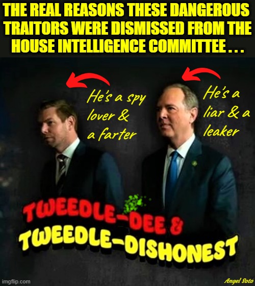 Eric Swalwell the farter and Adam Schiff the leaker | THE REAL REASONS THESE DANGEROUS 
TRAITORS WERE DISMISSED FROM THE
HOUSE INTELLIGENCE COMMITTEE . . . He's a
liar & a
leaker; He's a spy 
lover &
a farter; Angel Soto | image tagged in adam schiff,eric swalwell,intelligence,fart,liar,spy | made w/ Imgflip meme maker