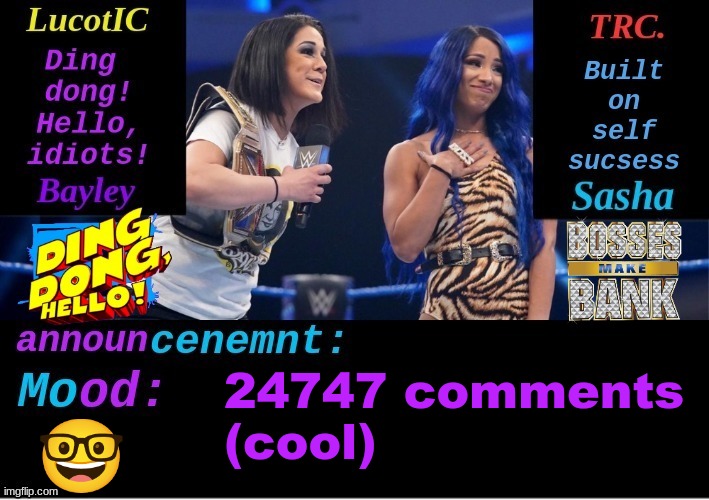 LucotIC and TRC: Boss 'n' Hug Connection DUO announcement temp | 24747 comments
(cool); 🤓 | image tagged in lucotic and trc boss 'n' hug connection duo announcement temp | made w/ Imgflip meme maker