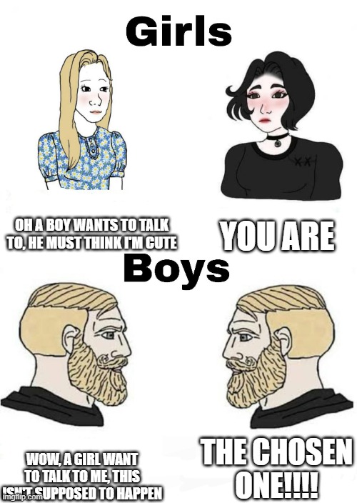Girls vs Boys | YOU ARE; OH A BOY WANTS TO TALK TO, HE MUST THINK I'M CUTE; THE CHOSEN ONE!!!! WOW, A GIRL WANT TO TALK TO ME, THIS ISN'T SUPPOSED TO HAPPEN | image tagged in girls vs boys,for real | made w/ Imgflip meme maker