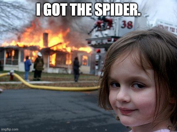 Disaster Girl Meme | I GOT THE SPIDER. | image tagged in memes,disaster girl,spider,fire,got em | made w/ Imgflip meme maker