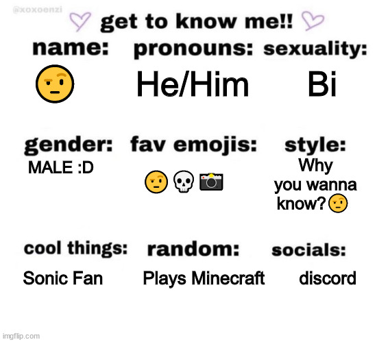 Mortals | 🤨      He/Him      Bi; Why you wanna know?🤨; MALE :D; 🤨💀📸; Sonic Fan        Plays Minecraft       discord | image tagged in get to know me | made w/ Imgflip meme maker