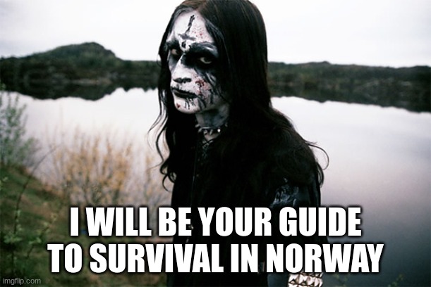 Black Metal | I WILL BE YOUR GUIDE TO SURVIVAL IN NORWAY | image tagged in black metal | made w/ Imgflip meme maker