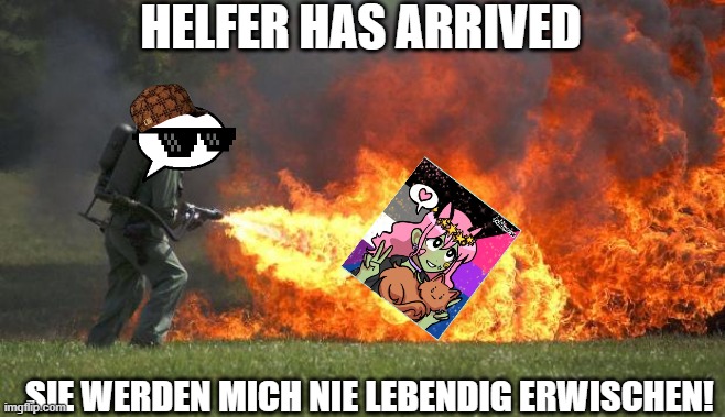 You will never catch me alive! | HELFER HAS ARRIVED; SIE WERDEN MICH NIE LEBENDIG ERWISCHEN! | image tagged in flamethrower | made w/ Imgflip meme maker