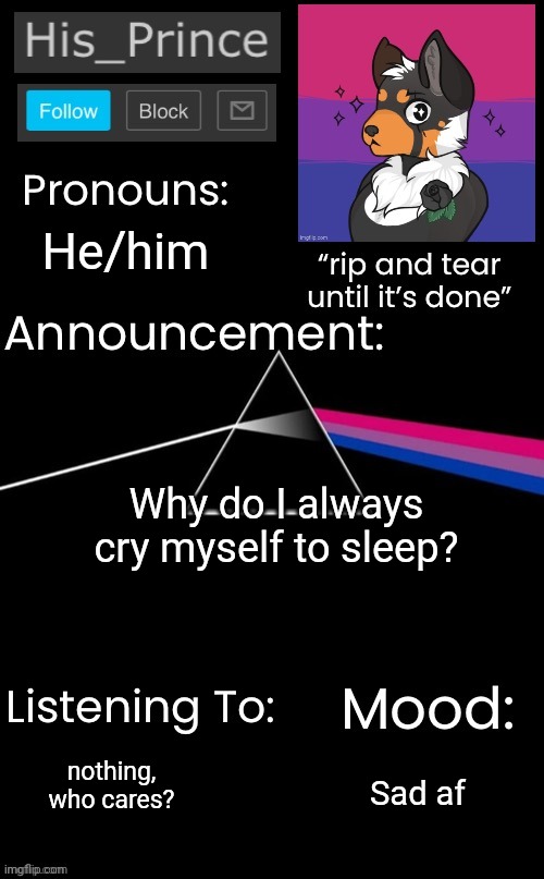 He/him; Why do I always cry myself to sleep? nothing, who cares? Sad af | image tagged in his_prince s announcement temp | made w/ Imgflip meme maker