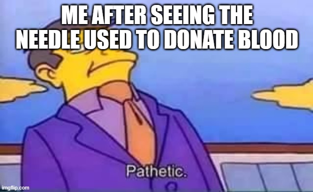 skinner pathetic | ME AFTER SEEING THE NEEDLE USED TO DONATE BLOOD | image tagged in skinner pathetic | made w/ Imgflip meme maker