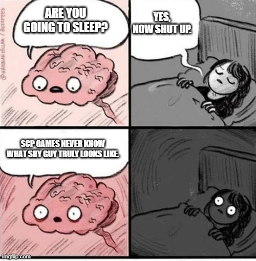 Trying to sleep | YES, NOW SHUT UP. ARE YOU GOING TO SLEEP? SCP GAMES NEVER KNOW WHAT SHY GUY TRULY LOOKS LIKE. | image tagged in trying to sleep | made w/ Imgflip meme maker