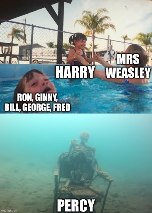 harry potter | MRS WEASLEY; HARRY; RON, GINNY, BILL, GEORGE, FRED; PERCY | image tagged in swimming pool kids | made w/ Imgflip meme maker