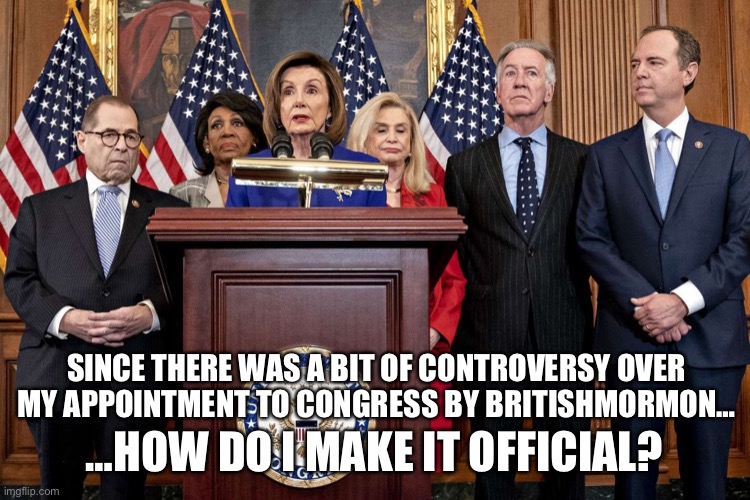 Congress | SINCE THERE WAS A BIT OF CONTROVERSY OVER MY APPOINTMENT TO CONGRESS BY BRITISHMORMON…; …HOW DO I MAKE IT OFFICIAL? | image tagged in democrat congressmen | made w/ Imgflip meme maker