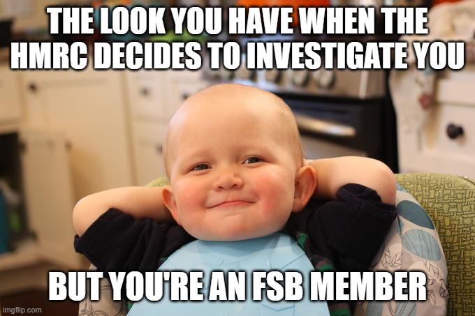 tax investigation | THE LOOK YOU HAVE WHEN THE HMRC DECIDES TO INVESTIGATE YOU; BUT YOU'RE AN FSB MEMBER | image tagged in smug baby | made w/ Imgflip meme maker
