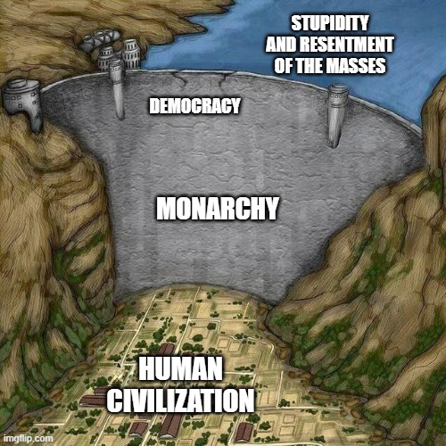 Water Dam Meme | STUPIDITY AND RESENTMENT OF THE MASSES; DEMOCRACY; MONARCHY; HUMAN CIVILIZATION | image tagged in water dam meme | made w/ Imgflip meme maker