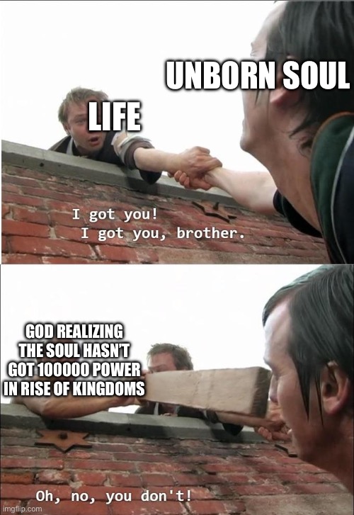Always these ads… | UNBORN SOUL; LIFE; GOD REALIZING THE SOUL HASN’T GOT 100000 POWER IN RISE OF KINGDOMS | image tagged in i got you brother | made w/ Imgflip meme maker