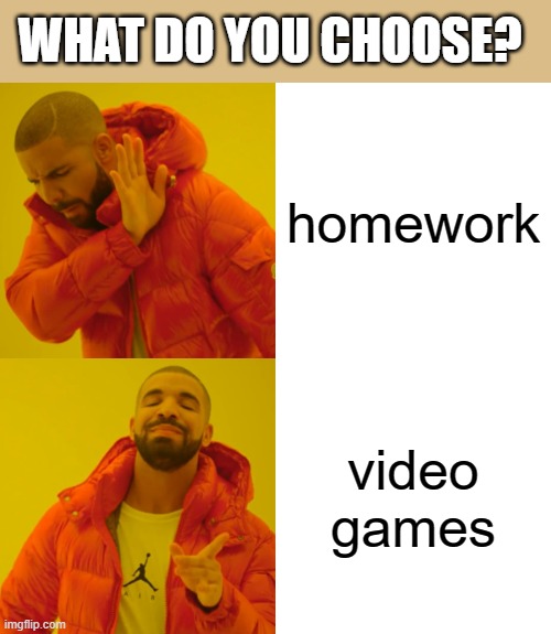 eqeqwqwe | WHAT DO YOU CHOOSE? homework; video games | image tagged in memes,drake hotline bling | made w/ Imgflip meme maker