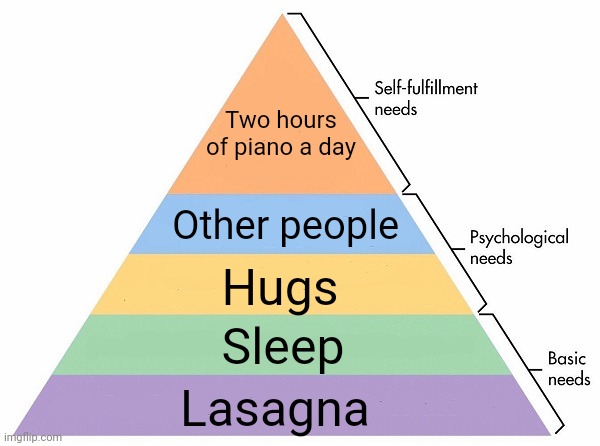 Maslow's Hierarchy of Needs | Two hours of piano a day; Other people; Hugs; Sleep; Lasagna | image tagged in maslow's hierarchy of needs | made w/ Imgflip meme maker