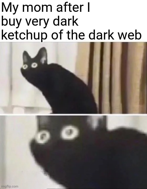 Oh No Black Cat | My mom after I buy very dark ketchup of the dark web | image tagged in oh no black cat | made w/ Imgflip meme maker