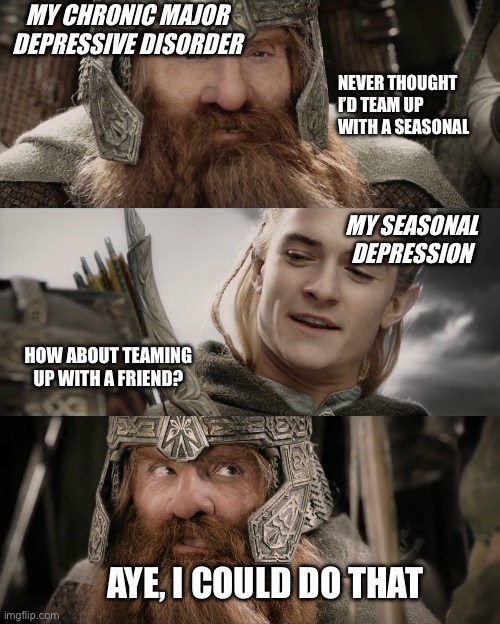 Fellowship of the depression | MY CHRONIC MAJOR DEPRESSIVE DISORDER; NEVER THOUGHT I’D TEAM UP WITH A SEASONAL; MY SEASONAL DEPRESSION; HOW ABOUT TEAMING UP WITH A FRIEND? AYE, I COULD DO THAT | image tagged in aye i could do that blank | made w/ Imgflip meme maker